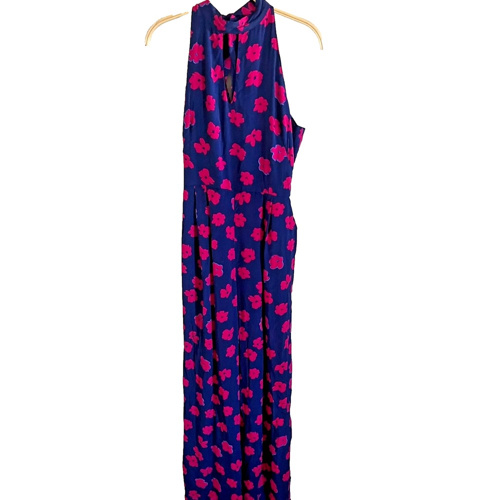 Retro Floral Pink Blue Halter Jumpsuit with Wide Leg‎ Pockets UK 14 US 10 NWT